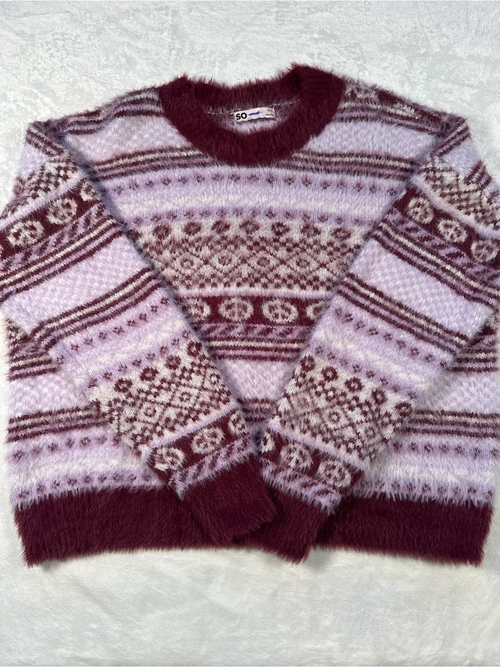 SO Maroon and Light Pink Fair Isle Crewneck Sweater